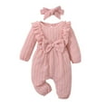 thumbnail image 2 of 9-12 Months Newborn Baby Girl Outfits Infant Long Sleeve Solid Color Romper with Headband Set Infant Fall Winter Clothes Pink, 2 of 3