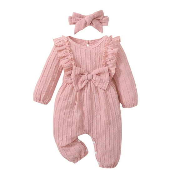 Odeerbi Infant Boys Girls Outfits Baby Layette Set Cotton Romper Jumpsuit Baby Solid Color Lace Lace Bow Knitting Climbing Clothes Onesie Bodysuit Set Pink