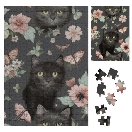 Patifu Cat Flowers Gothic Art Wooden Jigsaw Puzzle Vertical Style Gift for Family Friends 300PCS