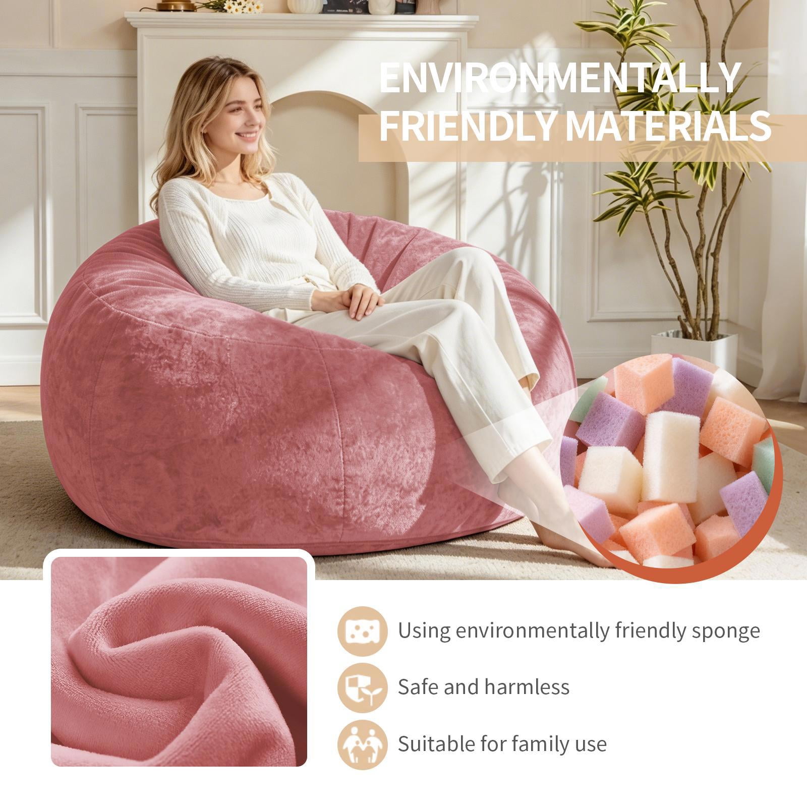 Hommoo 4FT Bean Bag Chair, Memory Foam Filling Soft Sofa with Flannel Cover, Round Sofa for Living Room, Bedroom, College Dorm, Pink