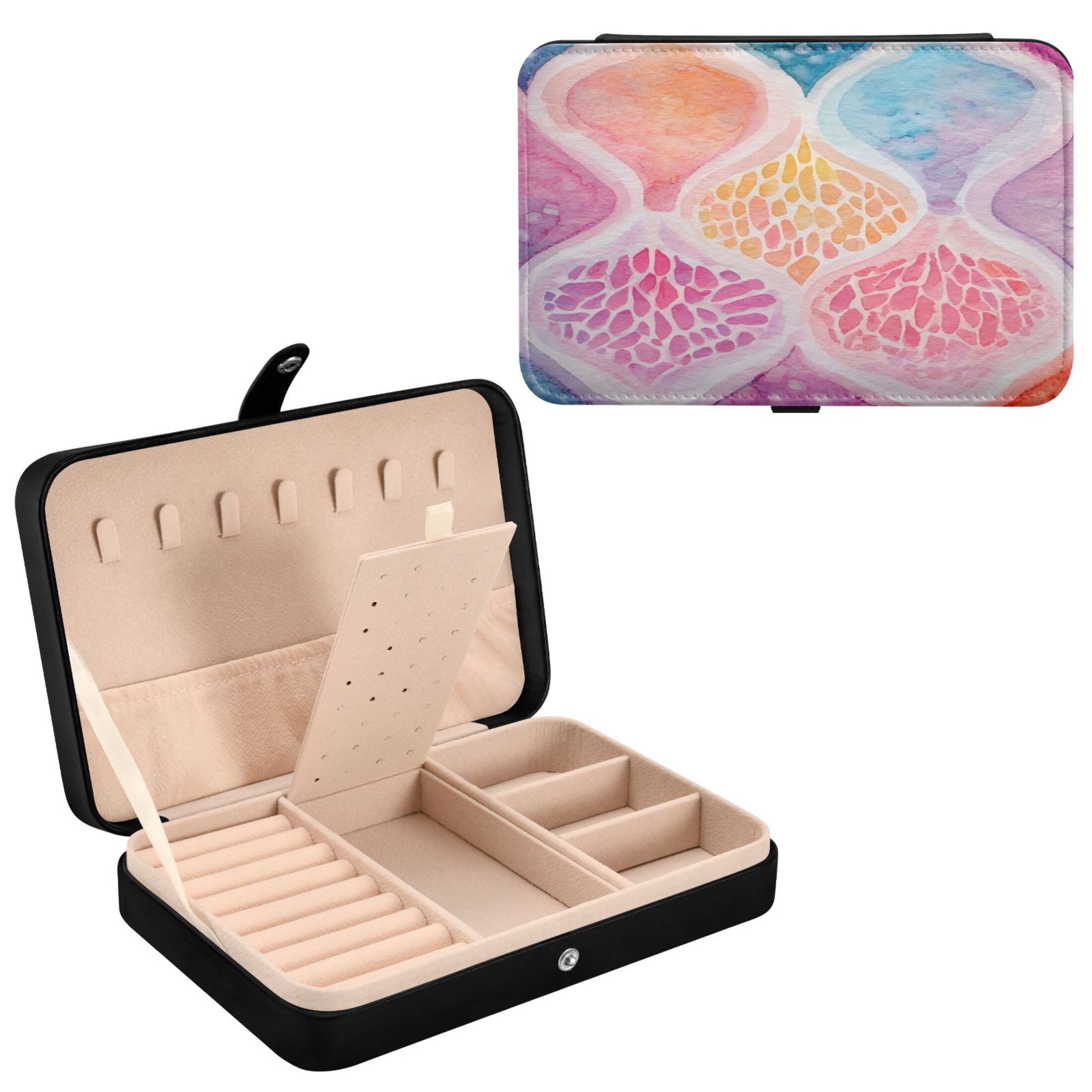 Leather Jewelry Box Rectangular 8.27x5.5x1.78In Travel Jewelry Storage Earrings Necklace Bracelet Watch Brooch Storage Colorful Pattern