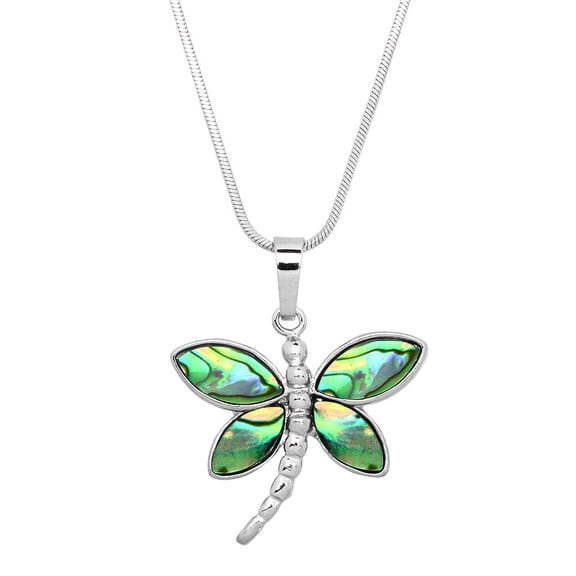 Dragonfly Pendant Necklace Abalone Shell Rhodium Plated 17 Inch Snake Chain J0809