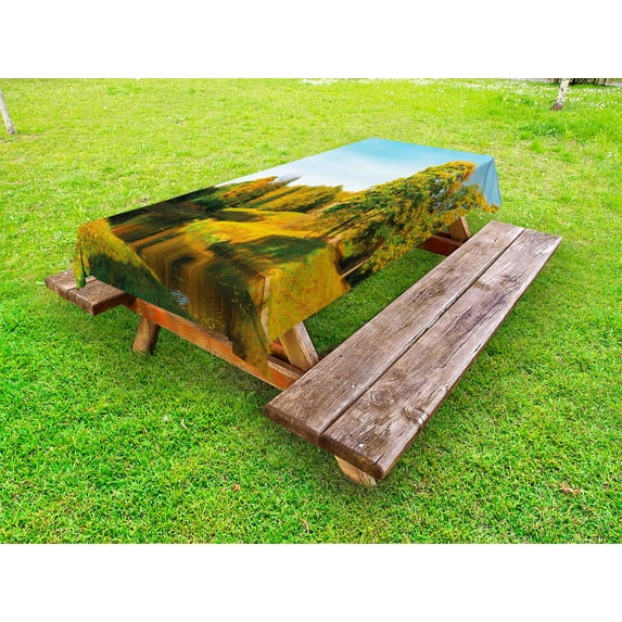 Landscape Outdoor Tablecloth, Scenery View Natural Forest Park with Trees and River Photo Image, Decorative Washable Fabric Picnic Tablecloth, 58 X 120 Inches, Marigold and Olive Green, by Ambesonne