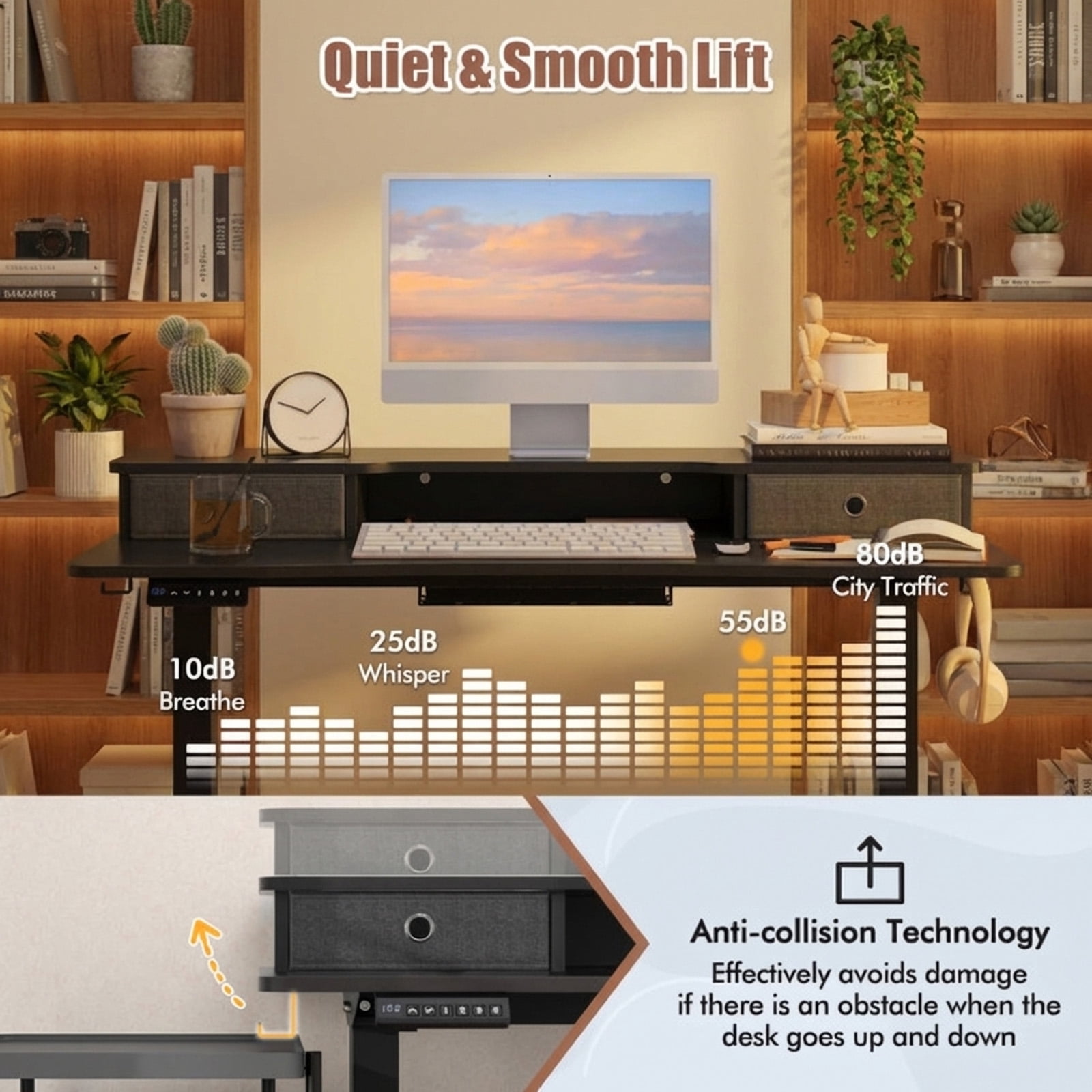 Furnibear Height Adjustable Electric Standing Desk 48 x 24 Inch with 2 Fabric Drawers Monitor Shelf and 3 Memory Settings in Black