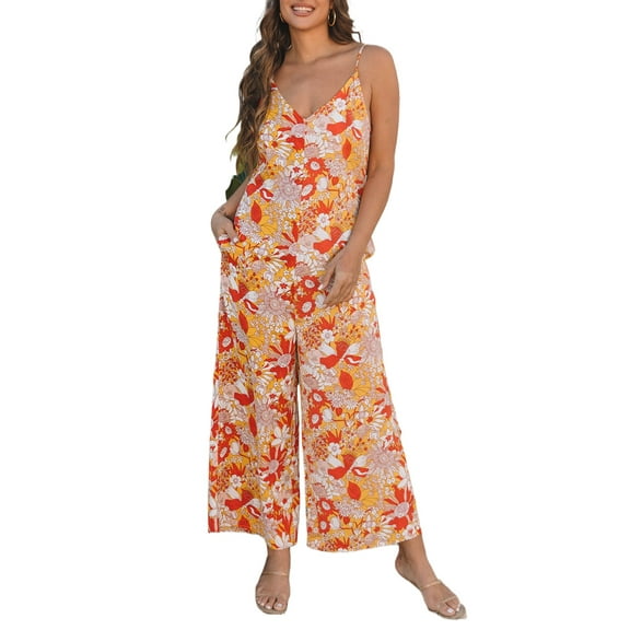 Women's Orange Floral V Neck Wide Leg Sleeveless Jumpsuit - Casual Summer Style | [ZhiHiMeRi] | (US 12-14)L
