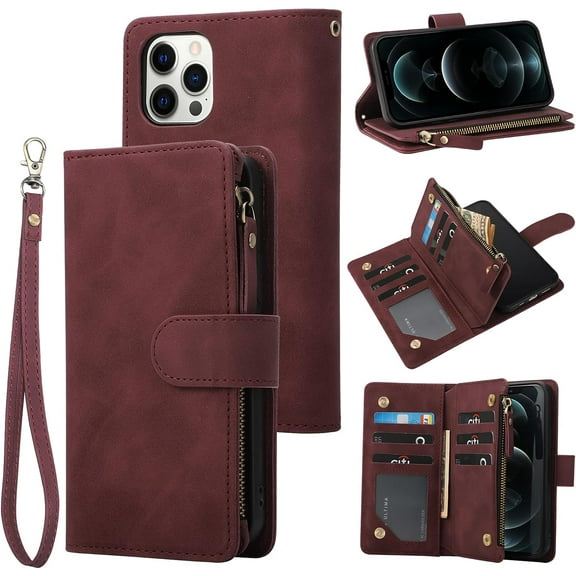 iPhone 11 Pro Wallet Case (5.8"), PU Leather Zip Flip, RFID Block, Wrist Strap, Magnetic, Built-in Kickstand (Wine Red)