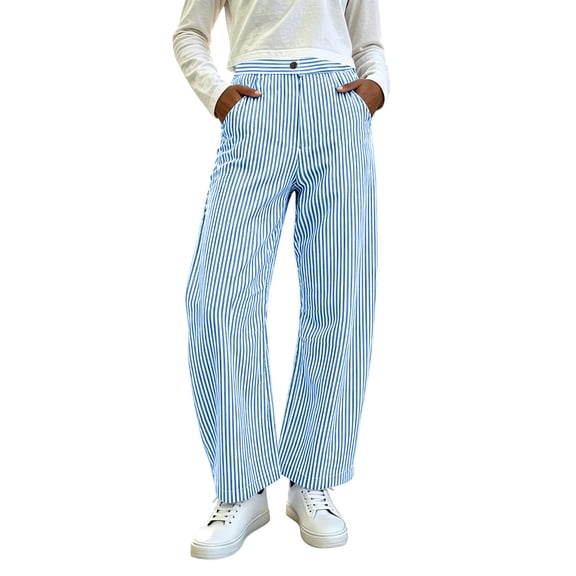 hoksml Women's Striped Wide Leg Pants Button Front High Waisted Straight Trousers with Pockets for Casual Daily Wear