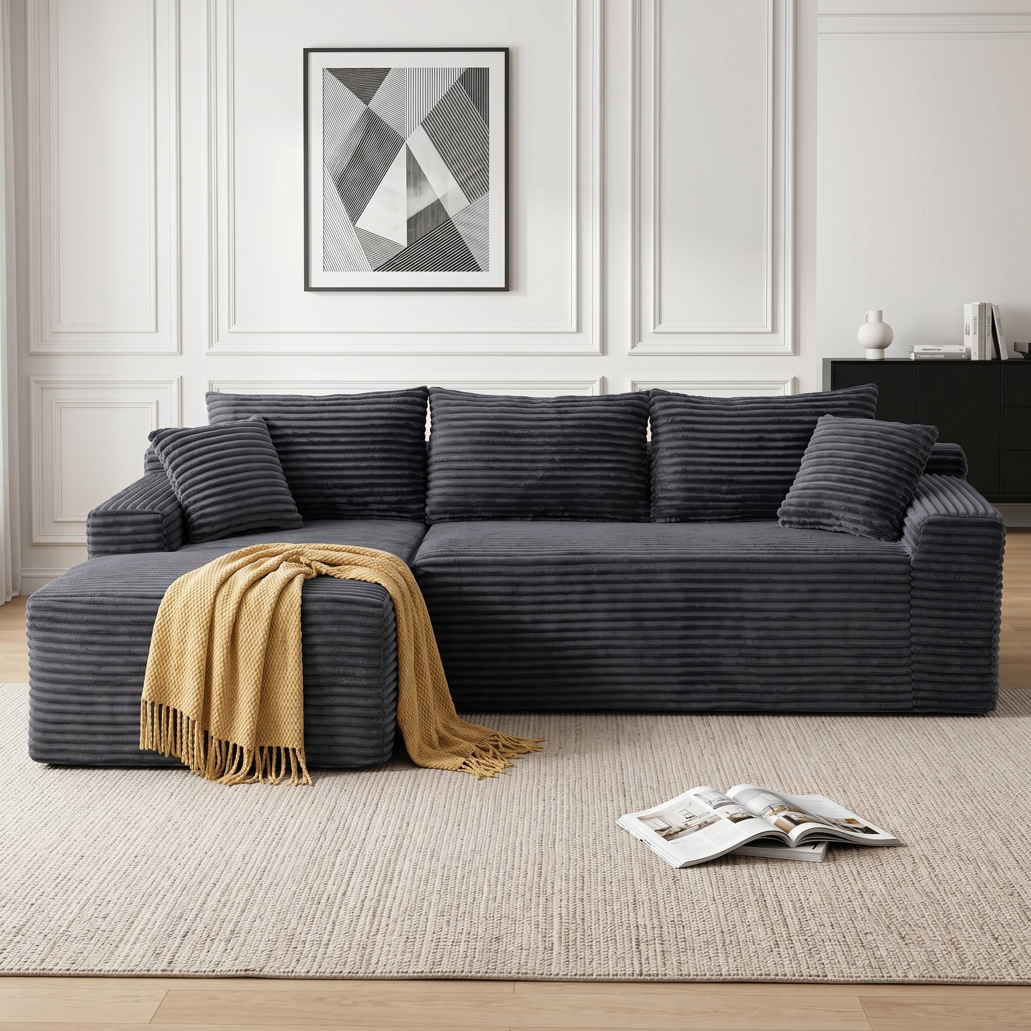 Xiweot 95" Modular Cloud Couch Sectional Sofa for Living Room, Modern Corduroy Boneless Couch with Side Pockets, Upholstered Deep Seat L Shape Sofas, No Assembly Required, Gray