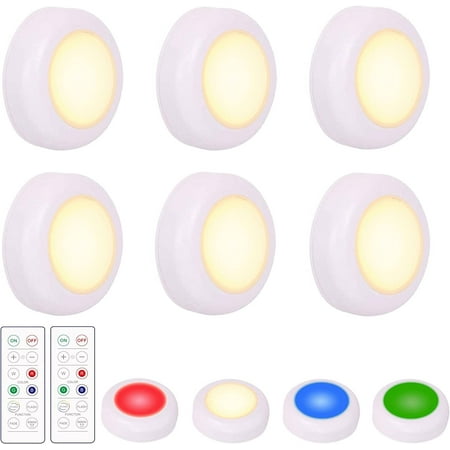 

LED Puck Lights with Remote Control 6 Pack Battery Powered LED Stick On Lights Wireless Under Cabinet Lights Dim Lights with Timing Function RGB Color Changing Tap Light Push Lights