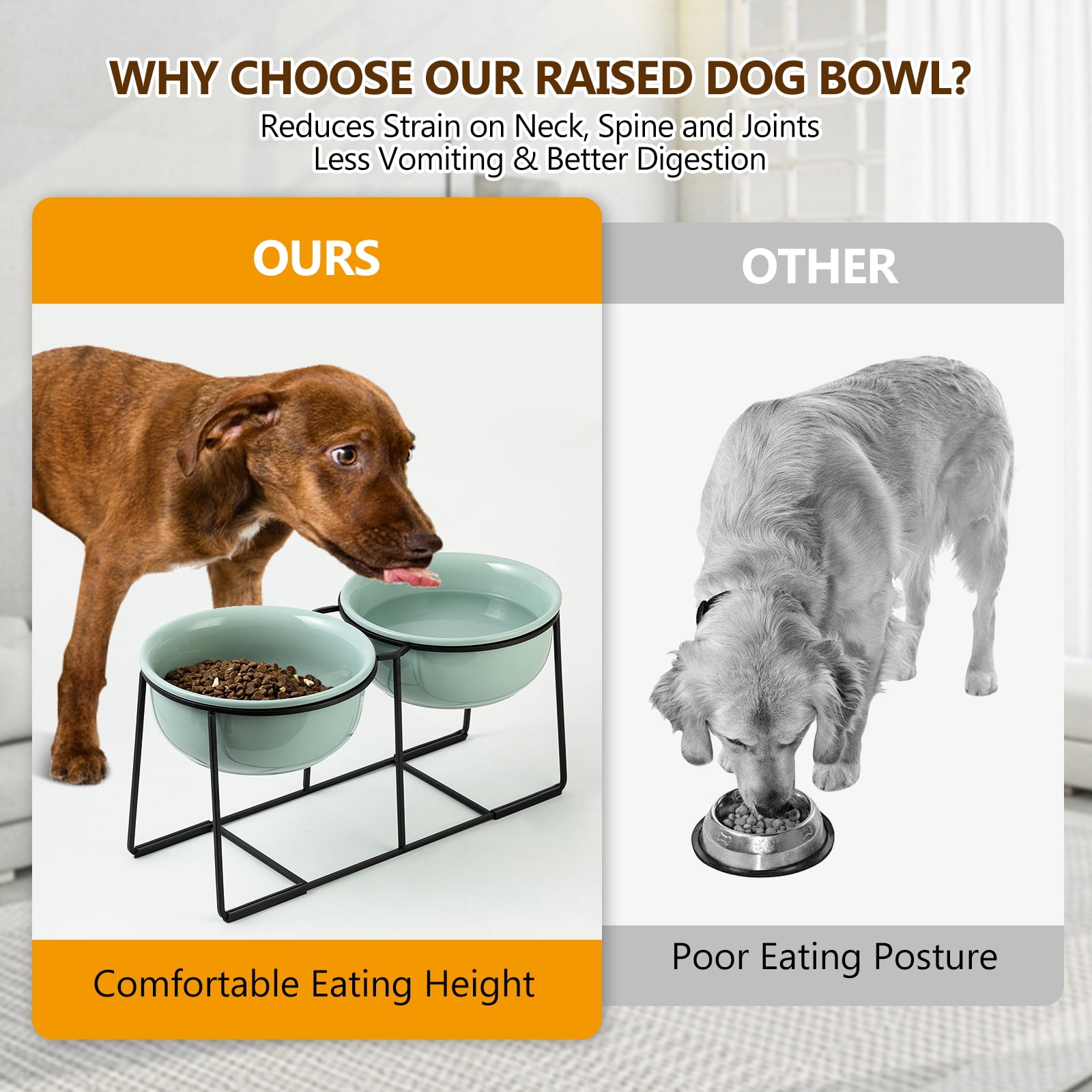 Raised Dog Food and Water Bowl with Non Slip Stand - Ceramic Pet Dishes for Medium to Big Dogs - 2 x 1600 ml