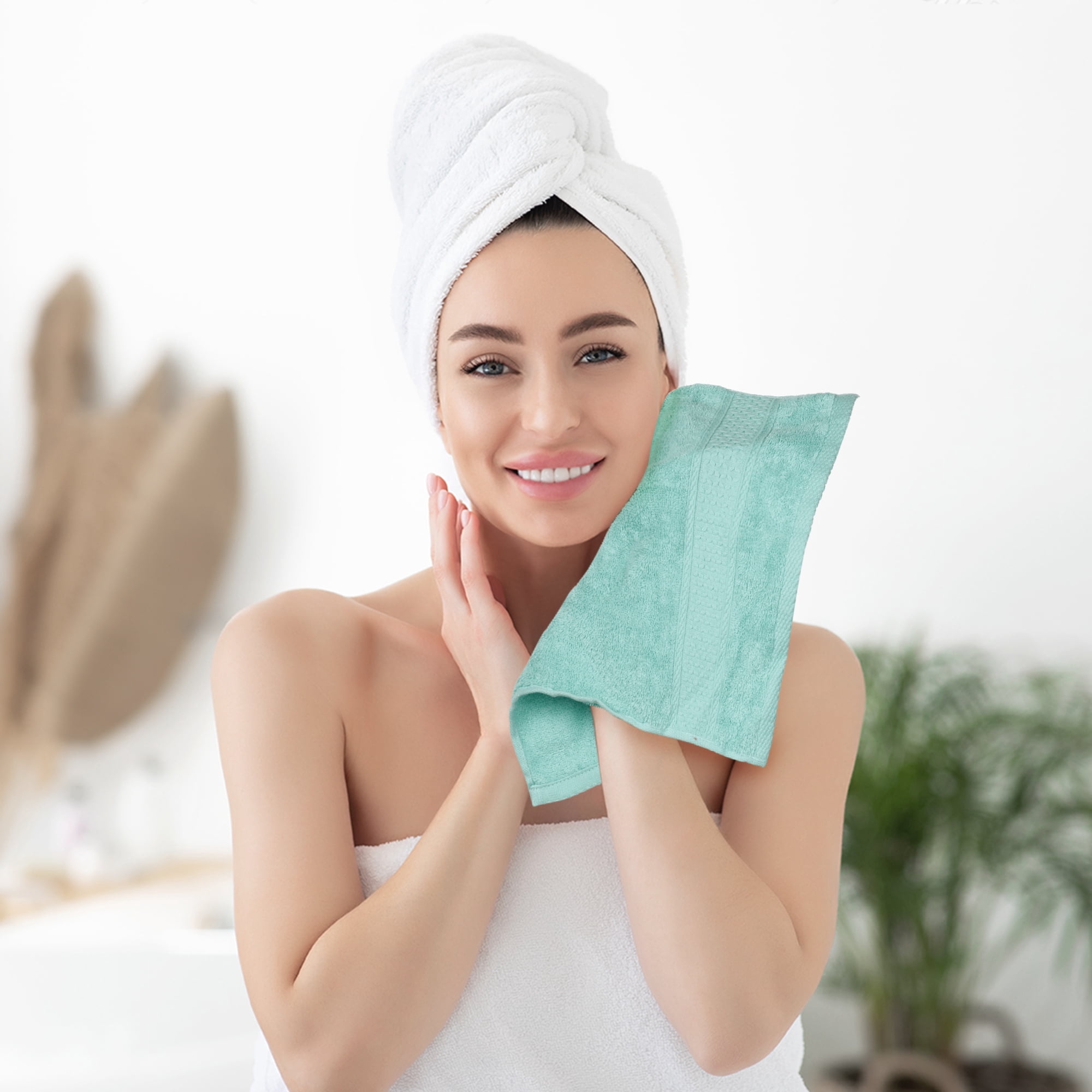 Unique Bargains Geometric Washcloths Set Cotton Bath Towels Low Lint Green 4