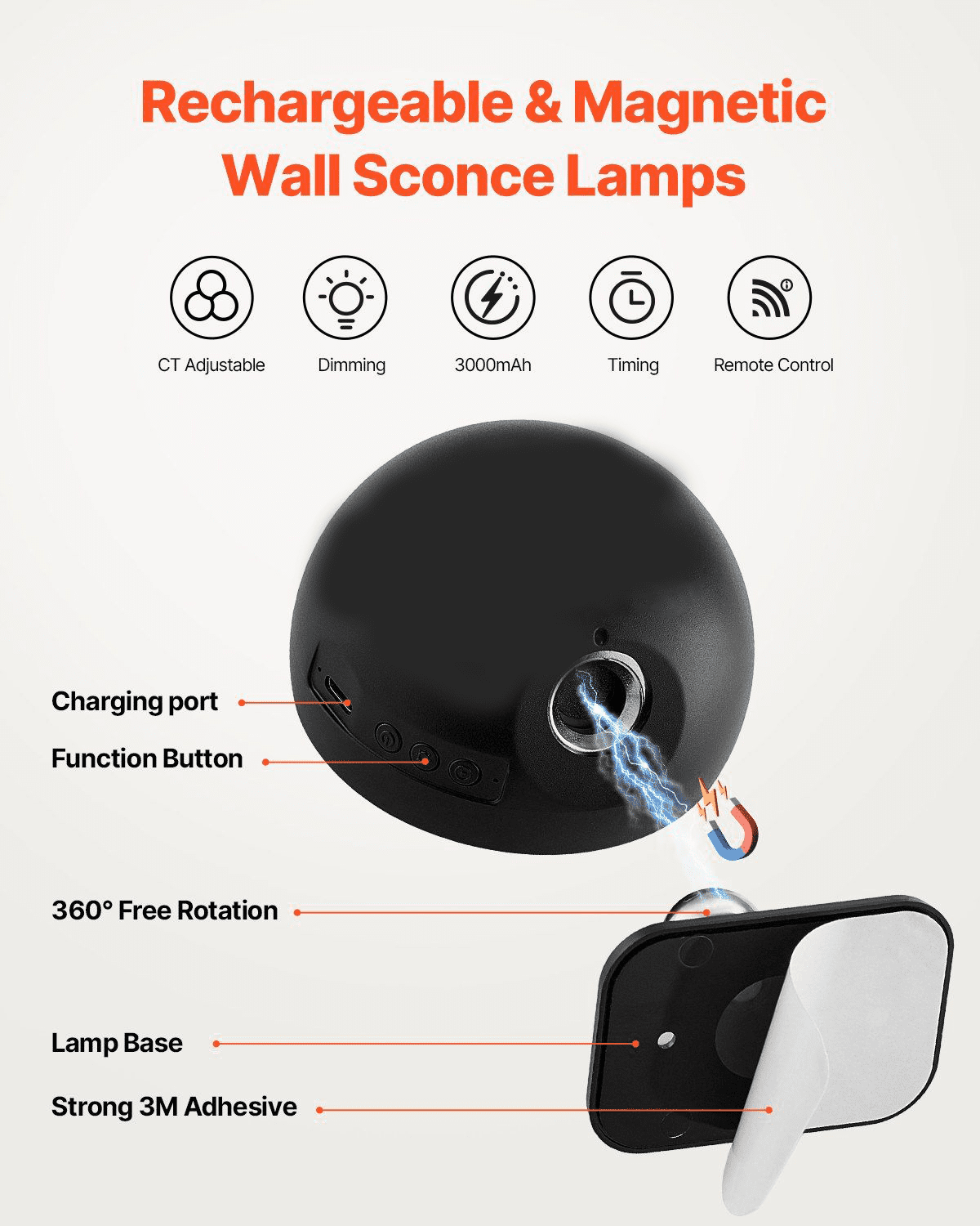 LED Wall Sconces 2-Pack, Rechargeable Battery Operated, Remote Control, Dimmable, 360° Rotation, Adjustable Color Temp & Brightness, Wireless Wall Lights