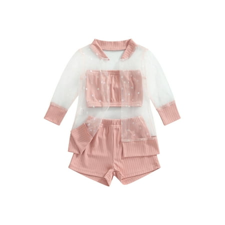

ZIYIXIN Toddler Baby Girls 3pcs Outfits Long Sleeve Mesh Sheer Cardigans Coat+Strapless Crop Tops+Shorts Girl Set