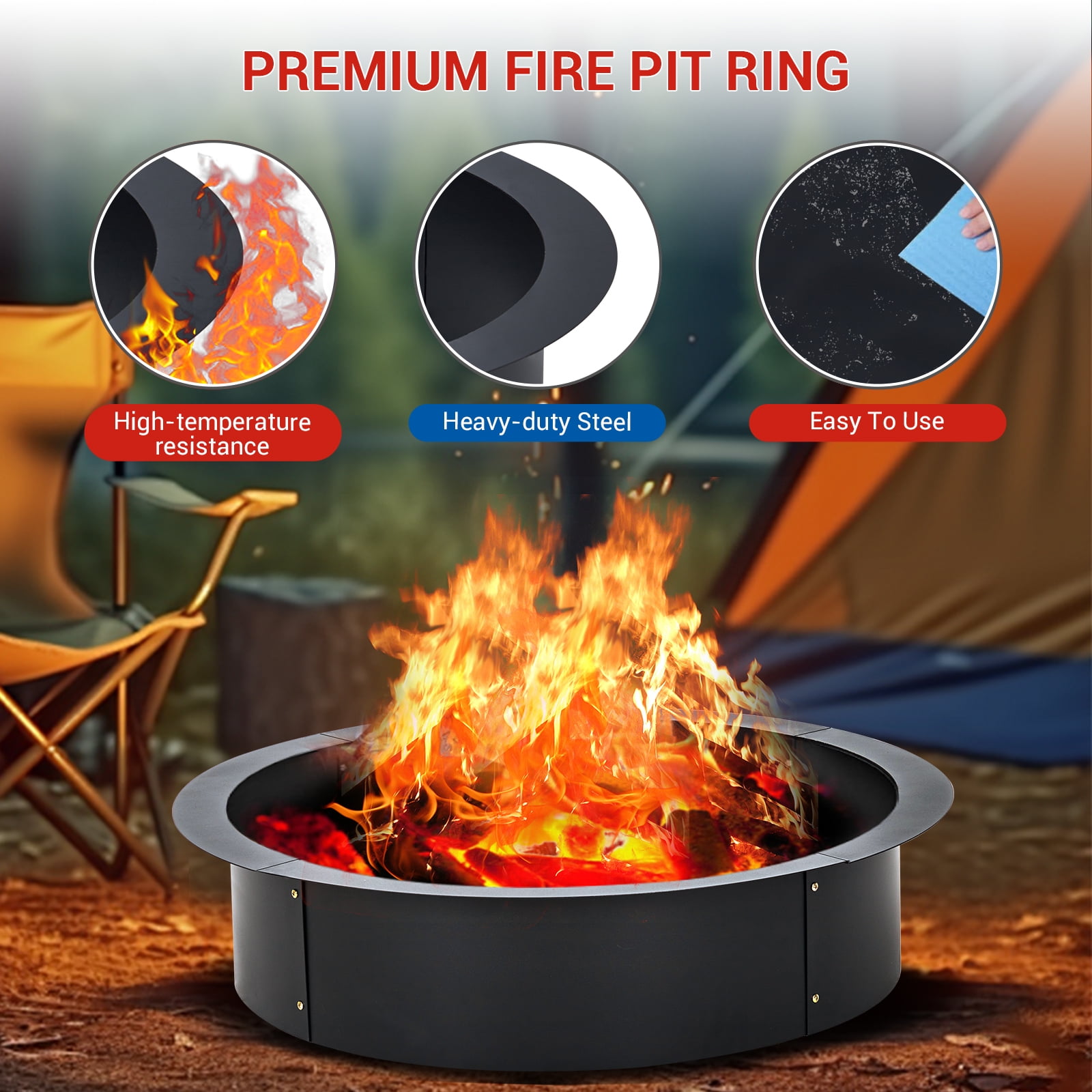 Outdoor 42 Inch Outer/36 Inch Smokeless Fire Pit Ring Insert, 2.5MM Thick Solid Steel Liner for In-Ground or Above Ground Outdoor Wood Burning Firepits, DIY Use in Backyard, Patio, Garden