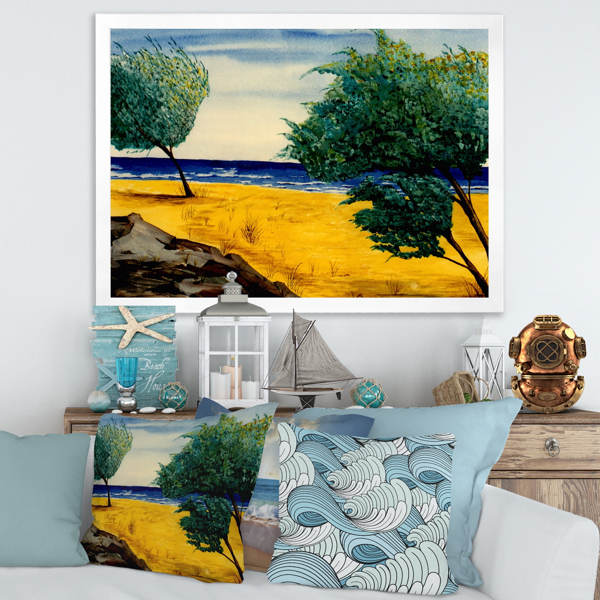 Designart 'Blue Beach By The Coastline' Nautical & Coastal Framed Art Print