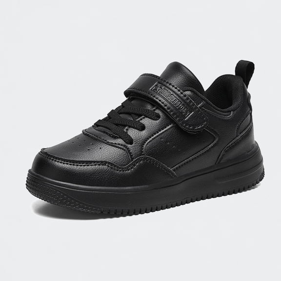 Ticikt Boys Leather Casual Sneakers, Hook & Loop Lightweight Non- Flat Platform Athletic Sports Shoes,Black,Size:13.5-14 Years