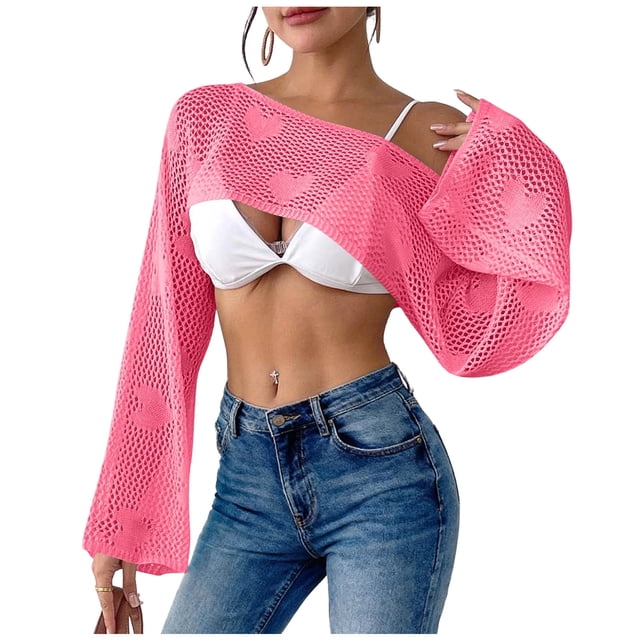 Wo-Fusoul Blouse pour Femmes, Mode Décontractée Couleur Unie Col Rond Manches Longues Haut d'Été et Couverture, Coupe Courte