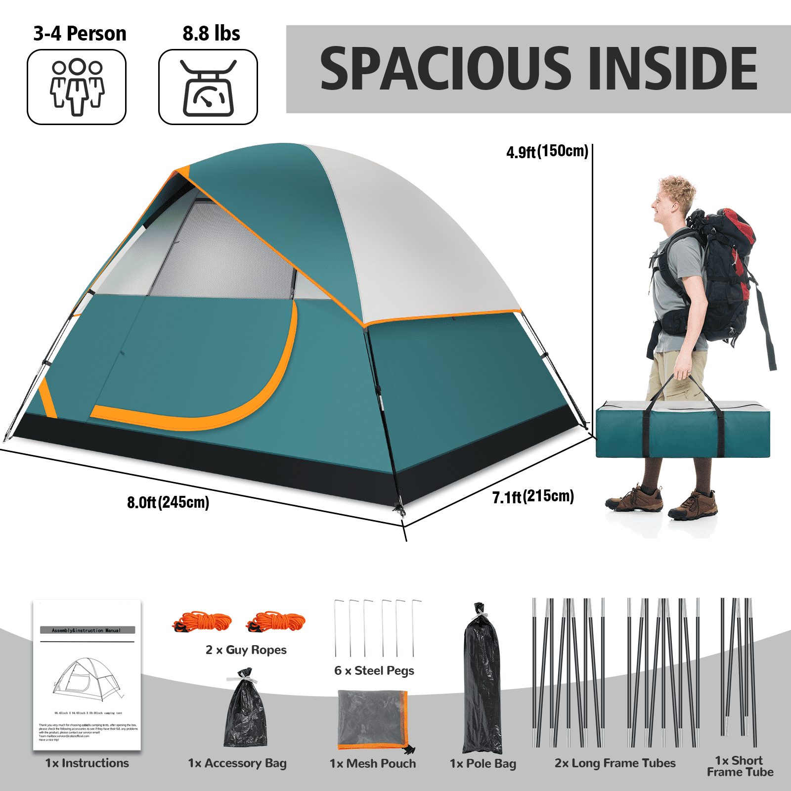 COBIZI 4 Person Tent for Camping with Waterproof Rainfly,EZ Setup Tent Windproof Instant Family Dome Camping Tent with Mesh Door & Ventilation Windows for Beach Camping Hiking Backpacking,Dark Green