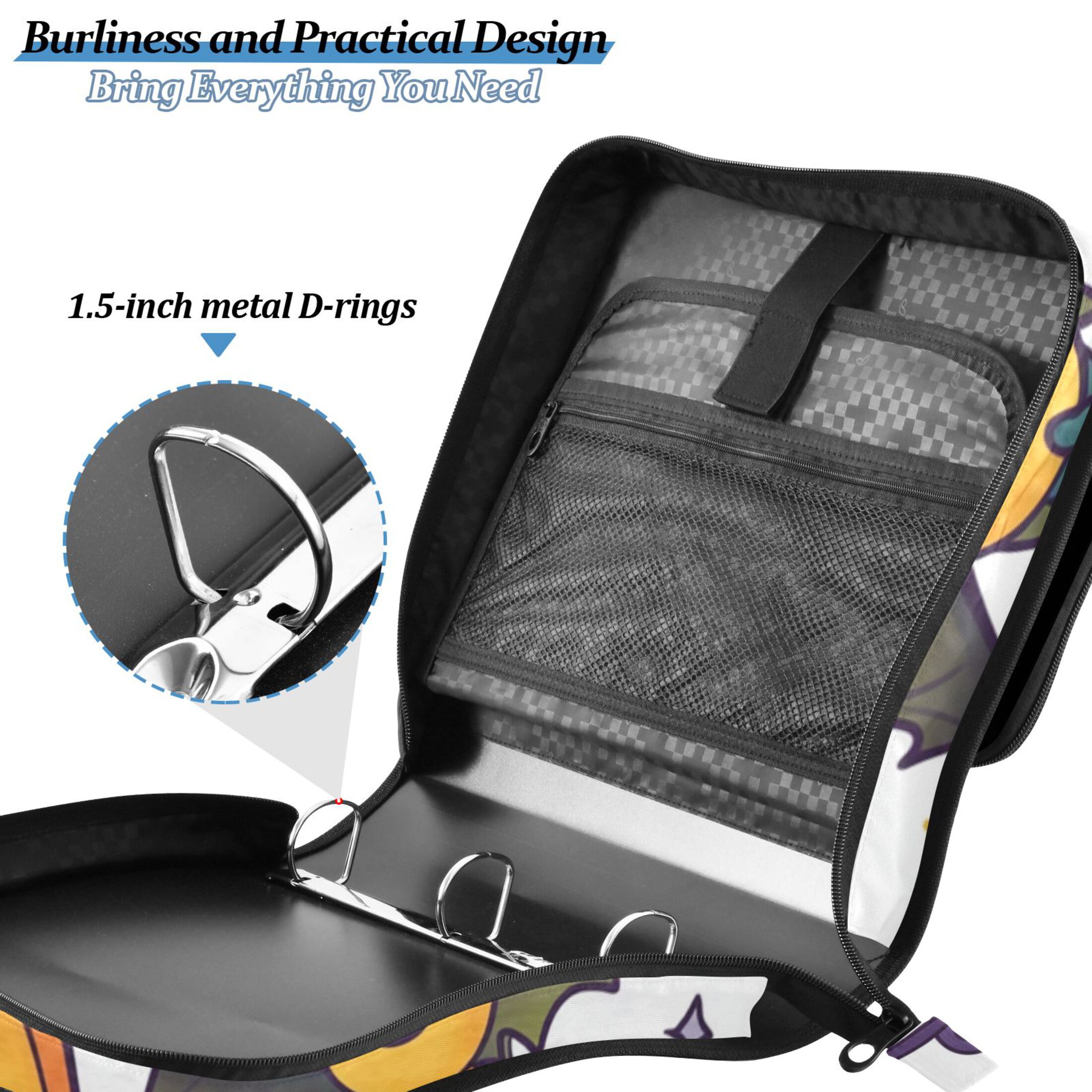 3 Ring Zipper Binder with Shoulder Strap Waterproof Trapper Keeper 2 Inch D-Ring 500 Sheets Capacity Cartoon Ghost Pumpkin Bats