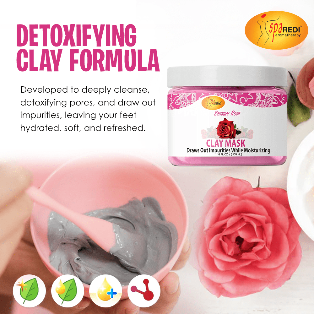 SPA REDI - Clay Mask, Sensual Rose, 16 Oz - Pedicure, Body Deep Cleansing, Detoxifying, Hydrating - Natural Bentonite Clay, Infused with, Amino Acids, Panthenol, Comfrey Extract