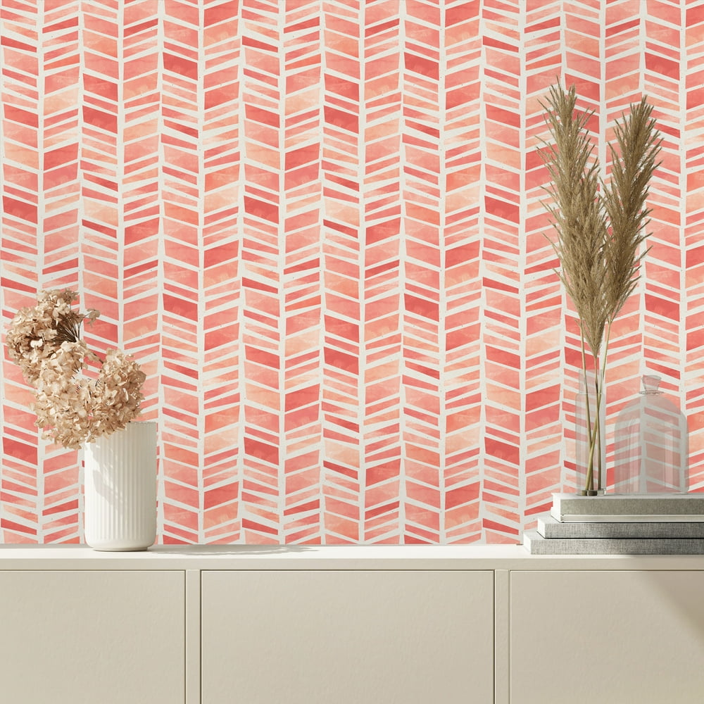 Coral Herringbone Pattern Peel and Stick Wallpaper
