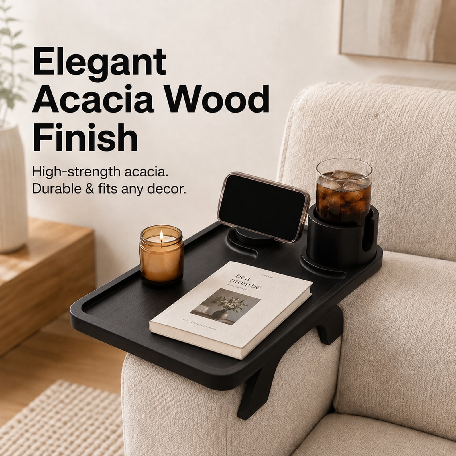 Alvantor 3-in-1 Acacia Wood Sofa Arm Tray with Rotating Phone Holder