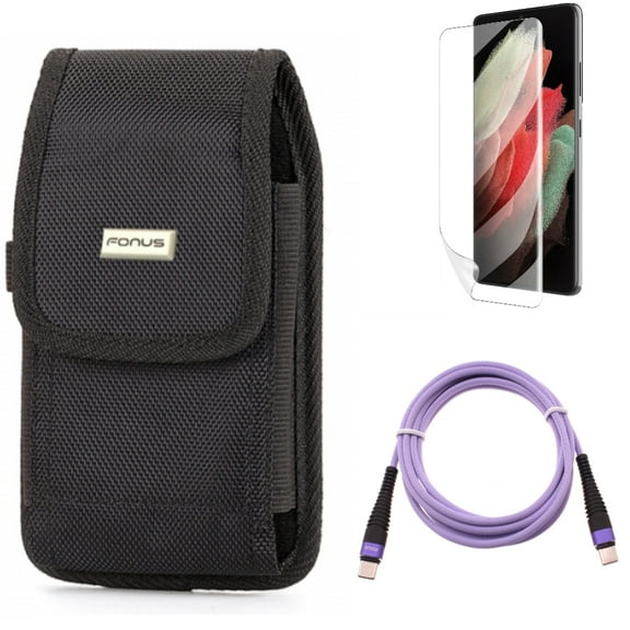 Purple 6ft PD Cable & Case Belt Clip & Matte Screen Protector for Samsung Galaxy S22 Plus (S22 ) - Combo Type-C to USB-C Long Charger Cord Power & Swivel Holster Rugged & TPU Film Anti-Glare