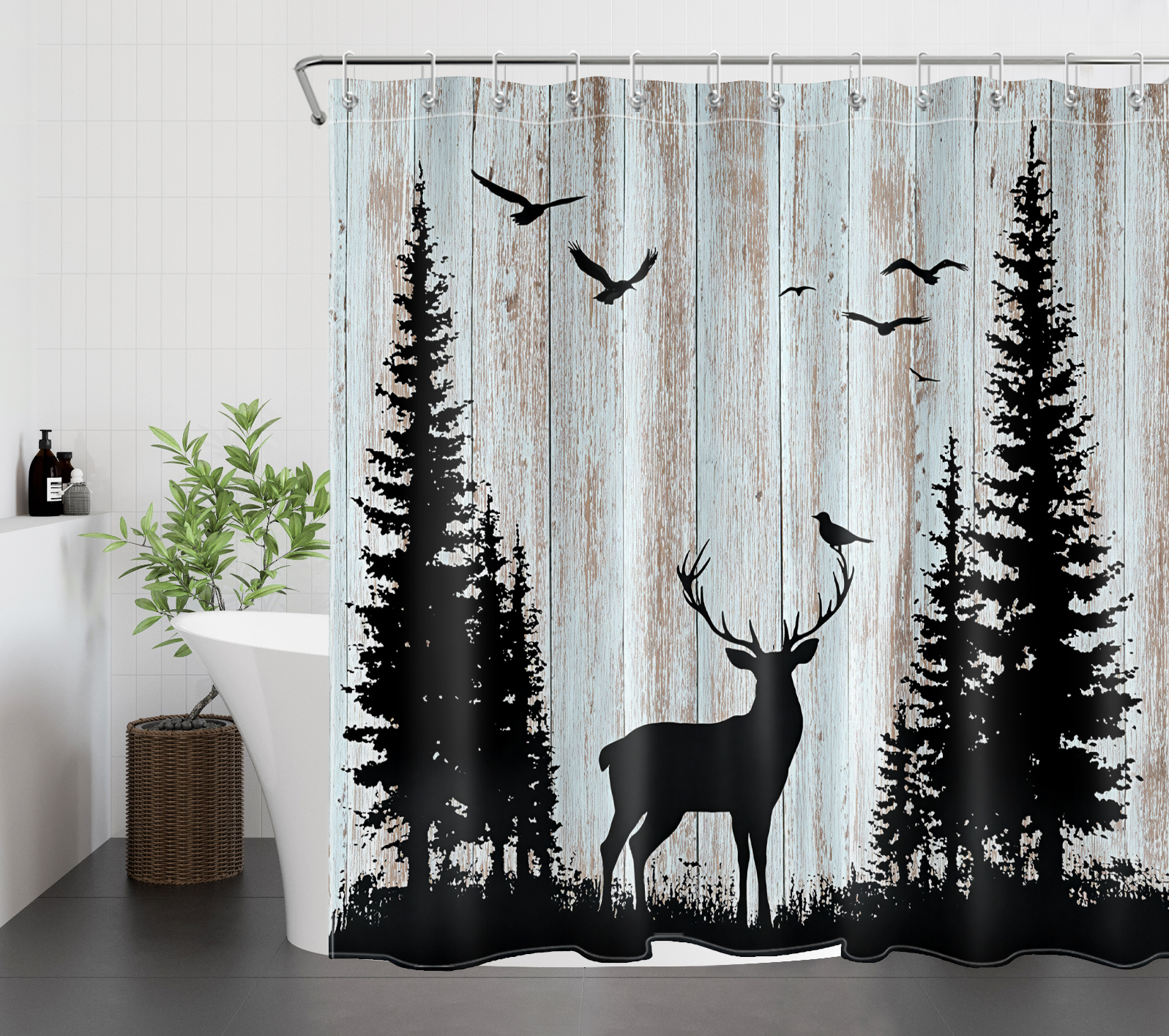 HVEST Rustic Forest Deer Shower Curtain with Farmhouse Cabin Wildlife Animal Design - Vintage Wood Bathroom Decor, Waterproof Polyester Fabric, Includes 12 Hooks, 72x72 Inches