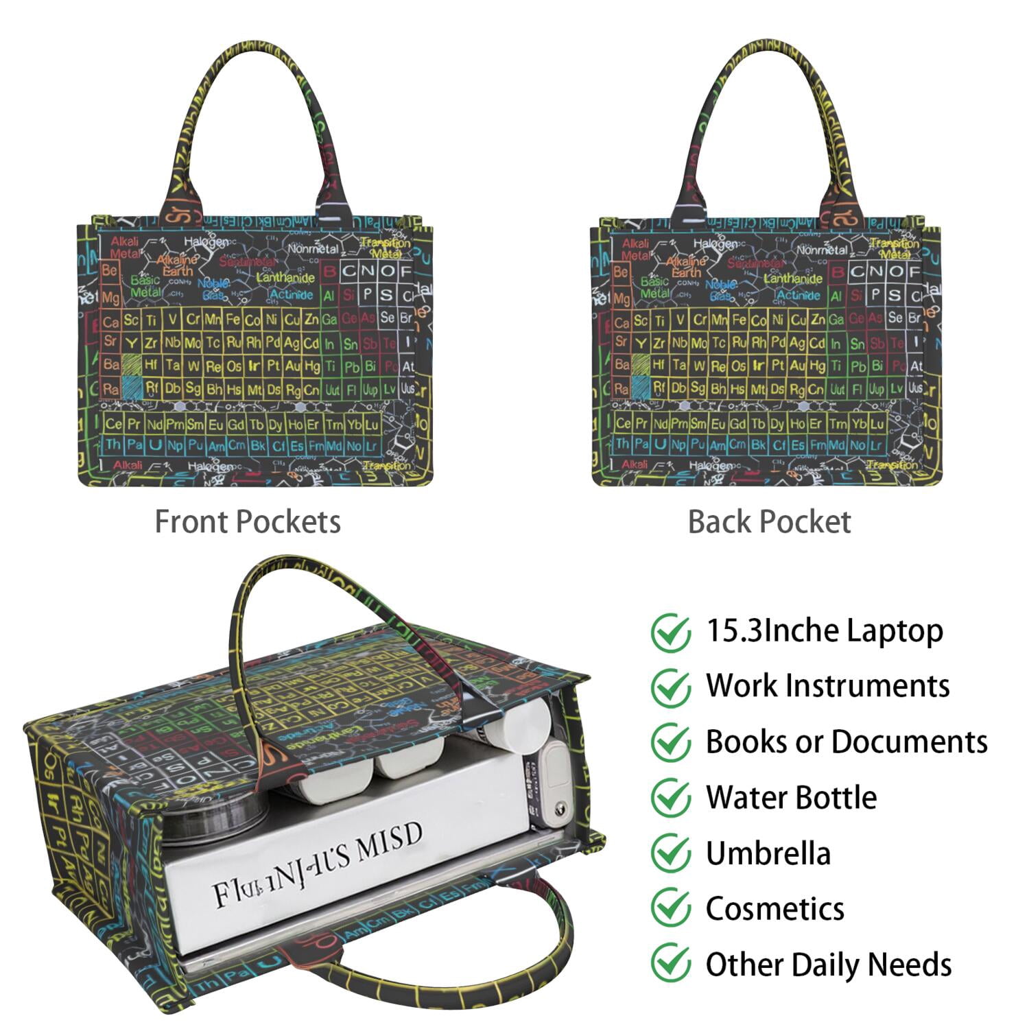 Large Capacity Tote Bag,Math Equations Periodic Table Black Pattern Handbag Fashion Luxury Tote Bag,15.7"x13"x 5.1" Inches,Laptop Compatible