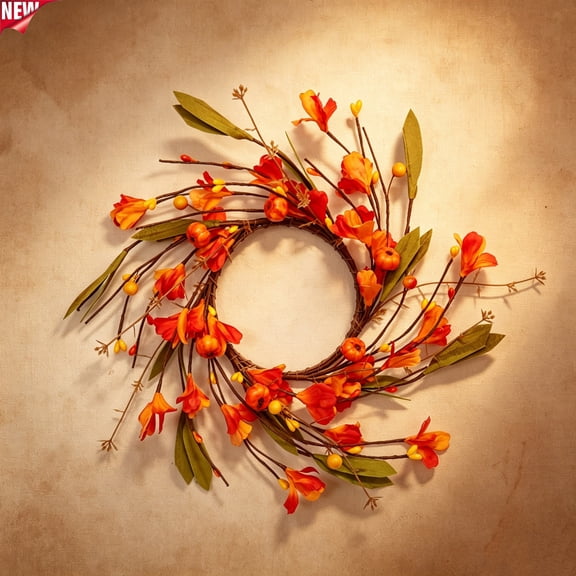 Qocolcyl 12in Faux Pumpkin Floral Fall Wreath, Fake Autumn Flower Berry Candle Ring, Small Twig Wreath for Front Door Mantel Dining Table Indoor Outdoor Thanksgiving Halloween Farmhouse Decor
