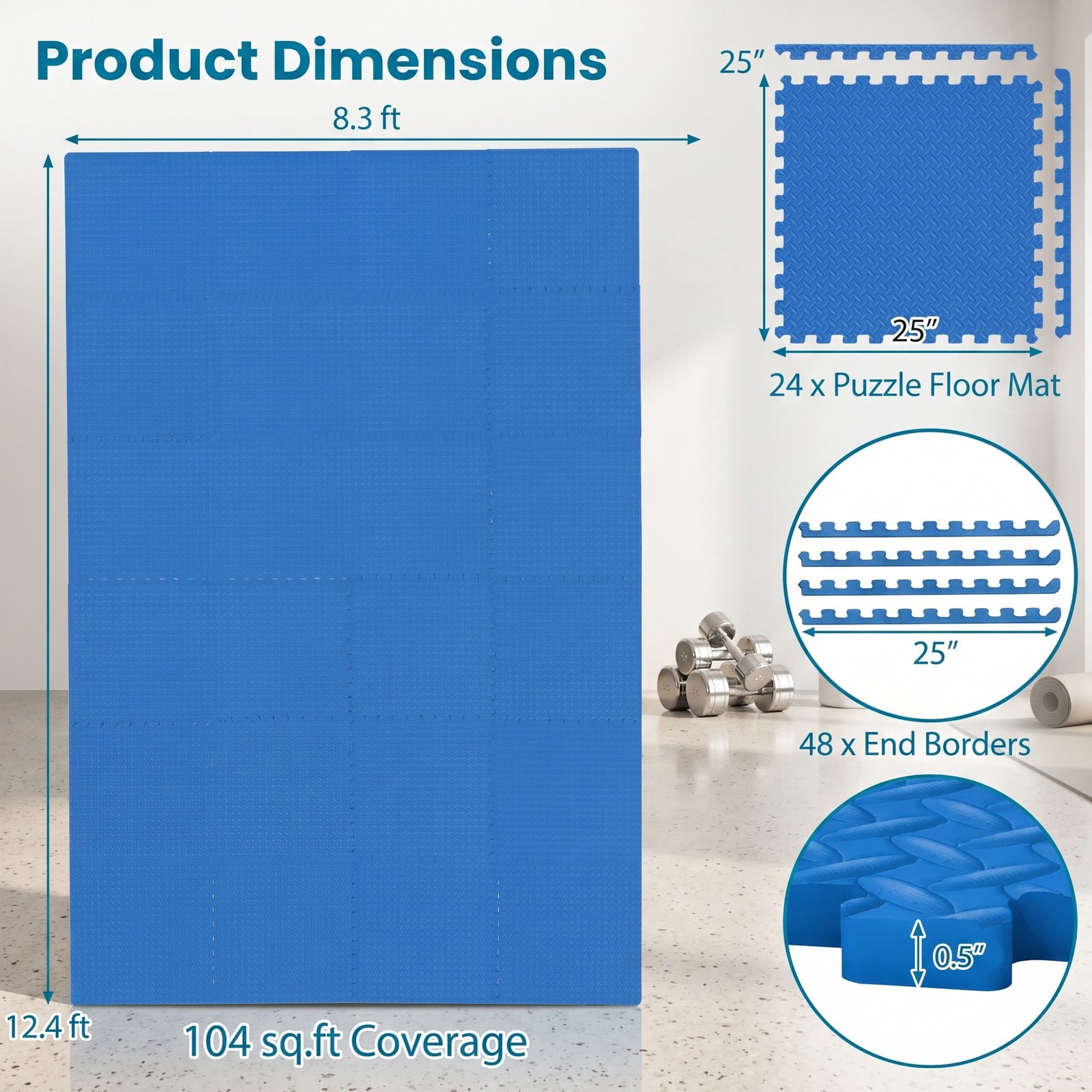 Airfind 24 Tiles Puzzle Exercise Floor Mat with Interlocking EVA Foam and Non-Slip Texture for Home Gym Equipment Protection, Blue