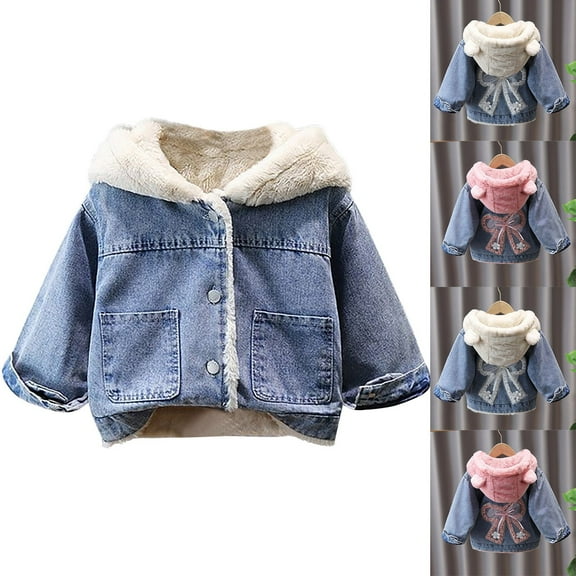 MKOSPLRT Girls Hooded Denim Jacket Sherpa Fleece Lined Jean Jackets Button Down Long Sleeve Warm Outwear with Lace Bow Pocket 1-12Y