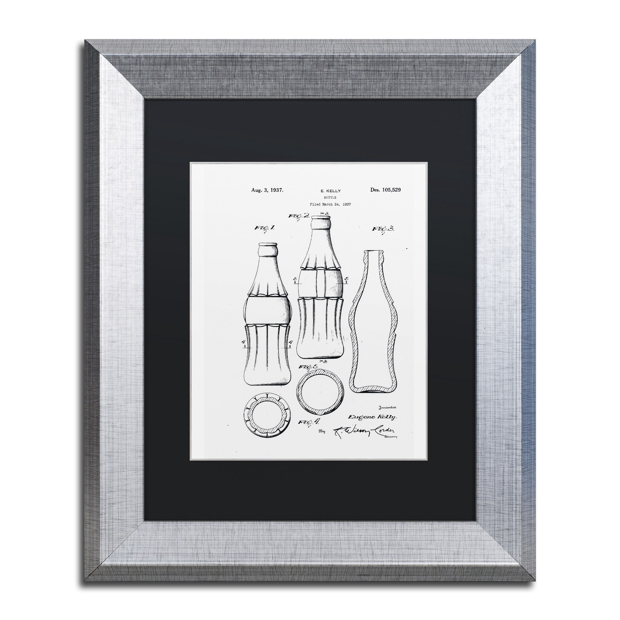 Trademark Fine Art "Coca Cola Bottle Patent 1937 White" Canvas Art by Claire Doherty Black Matte, Silver Frame