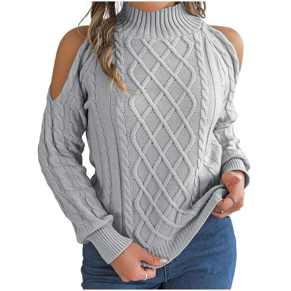 XMMSWDLA Womens Cold Shoulder Long Sleeve Sweater Solid Casual Knitted Pullover Jumper Tops