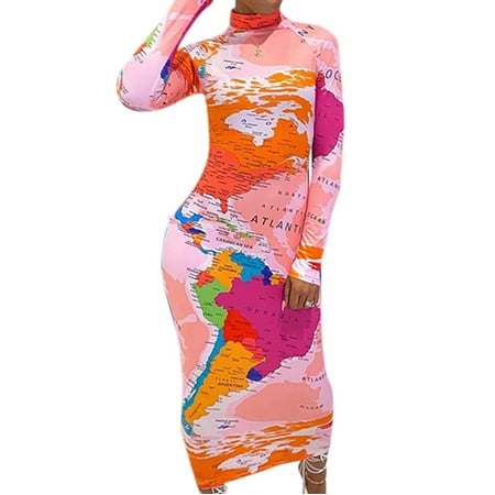 

EchfiProm 2023 Vintage Fabric Women s Fashion Map Print One-Step Skirt Slim Fit Stretchy Slimming Dress Love Gift