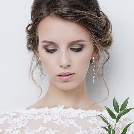 Silver Crystal Long Tassel Leaf Dangle Drop Earrings for Women Wedding Party Jewelry 1 Pair