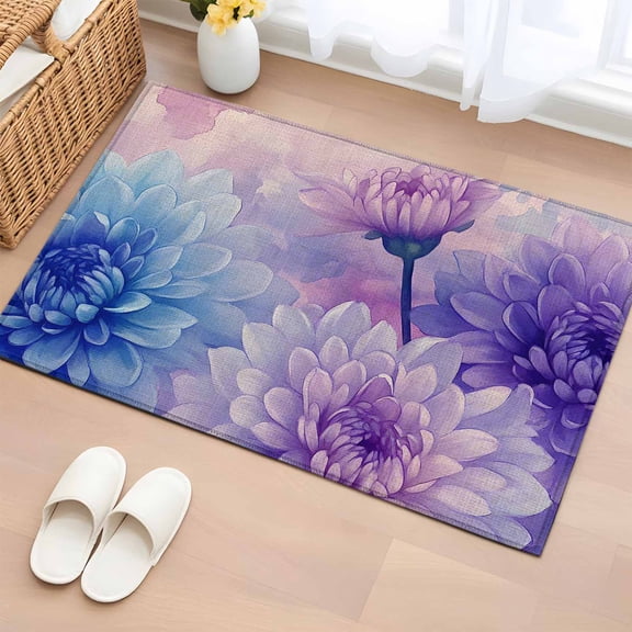 Purple Blue Flowers Bathroom Rug Washable 2x3 Entryway Rug Non Slip Summer Botanical Plants Front Door Mat Low Pile Indoor Doormat Throw Floor Carpet for Kitchen Bedroom Entrance