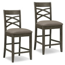 Leick Home 10084GS/MH Wood Double Cross Back Counter Height Stool, Set of 2, Graystone with Moss Heather Seat