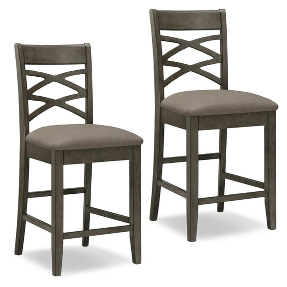 Leick Home 10084GS/MH Wood Double Cross Back Counter Height Stool, Set of 2, Graystone with Moss Heather Seat
