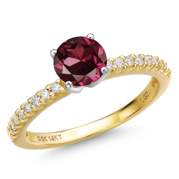 Gem Stone King 14K Two Tone Gold Red Rhodolite Garnet and Lab Grown Diamond Engagement Ring for Women | 1.16 Cttw | Round 6MM | Gemstone January Birthstone | Size 7