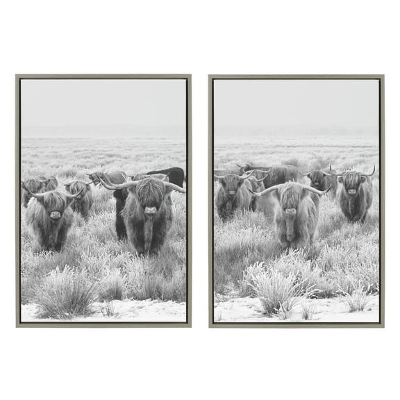 Sylvie Herd of Highland Cows 23 in x 33 in Framed Photography Canvas Art Prints, by Kate and Laurel Set of 2