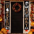 thumbnail image 1 of Letrero de porche con temática de Halloween, diseño de calabaza y farol, para puerta principal, decorativo, para colgar, de bienvenida, para fiesta, con fantasmas y murciélagos, para el hogar y, 1 of 7