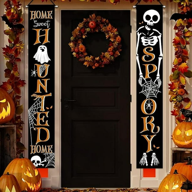 Letrero de porche con temática de Halloween, diseño de calabaza y farol, para puerta principal, decorativo, para colgar, de bienvenida, para fiesta, con fantasmas y murciélagos, para el hogar y