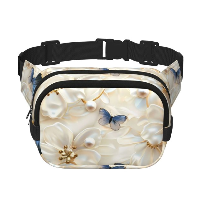 Fotbe Elegant Butterflies And Pearls Cangurera Cuadrada con Estampado de Doble Capa, Bolsa de Cintura Ajustable Mini para Hombres y Mujeres