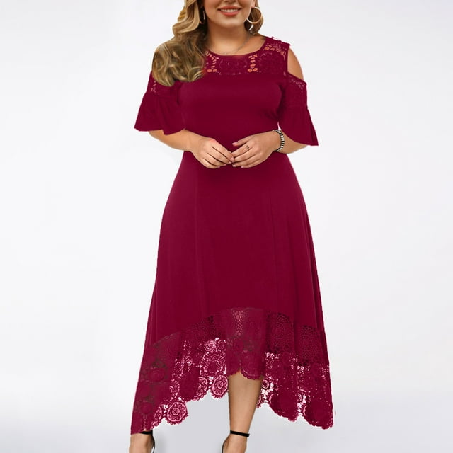 Robe à Manches Courtes pour Femmes Grande Taille Robe Sexy à Volants Sans Bretelles en Dentelle en Solde