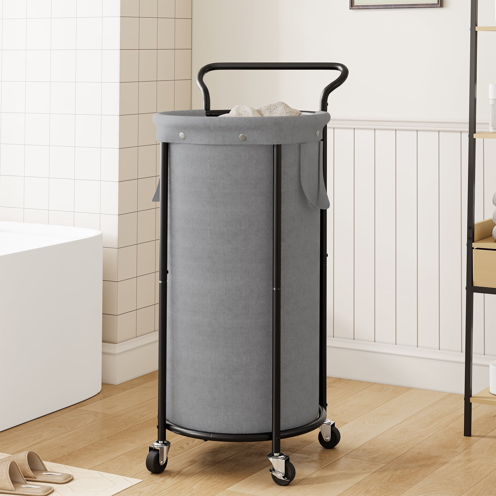 BGTREND 110L Rolling Laundry Hamper with Removable Bag, Round Steel Frame and Handle, Gray