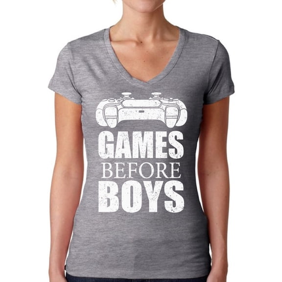 Valentine's Day Shirt for Her Games Before Boys Sarcastic Anti Valentine Women T-Shirt Geek Gifts Novelty V Neck Tee