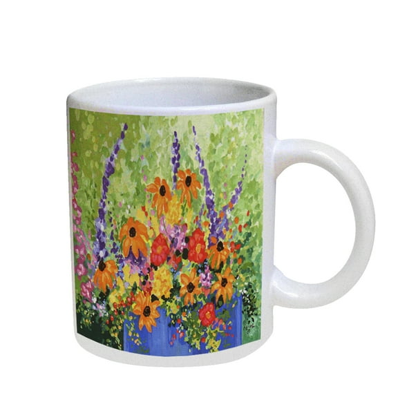 KuzmarK Coffee Cup Mug Pearl Iridescent White - Summer Flowers in Blue Pot Art by Denise Every