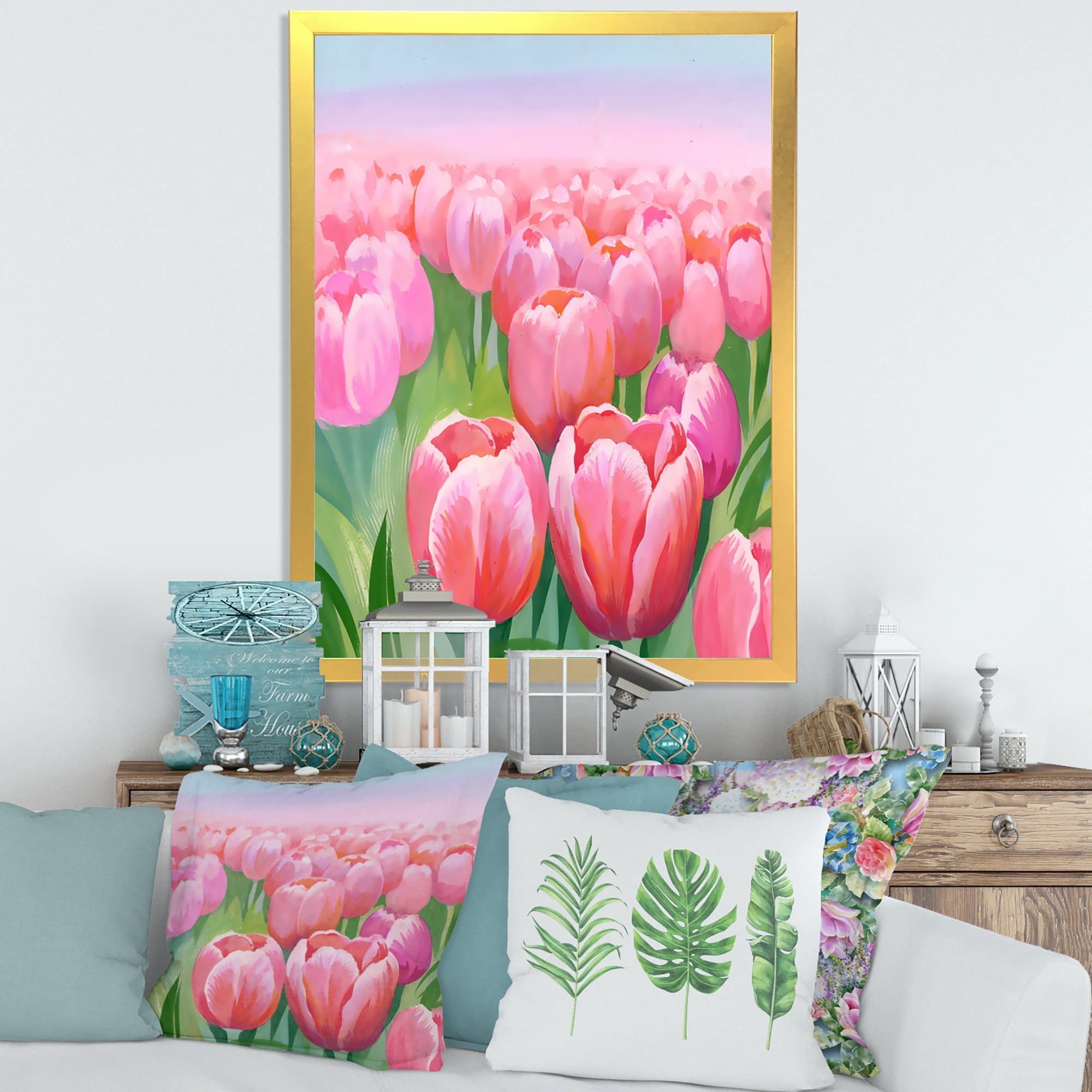 Designart 'Pink Tulips in Field' Traditional Framed Art Print