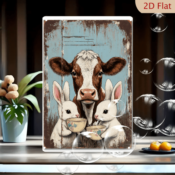 1pc Vintage Style Metal Wall Sign, 8x12 Inches, Whimsical Cow & Rabbits Tea Party Illustration, Rustic Tin-Sign Aged Look with Weathered Edge, Handcrafted Pastoral Decor for Home, Porch